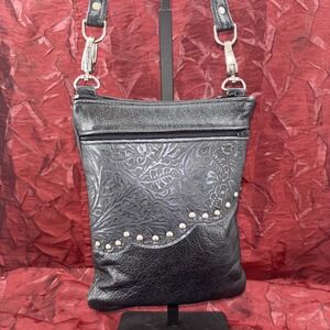 Vintage Black Tooled Leather Crossbody Satchel Camera Themed Fabric Lining EUC